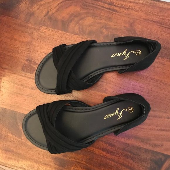 Lynx Shoes - Lynx Sandals Black Strappy Faux Suede Slide On Flats